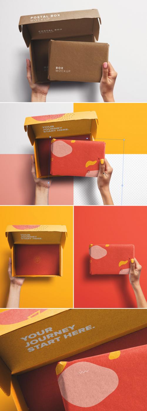 Adobe Stock - Hands Holding Opened Postal Box and Package Mockup - 397869983