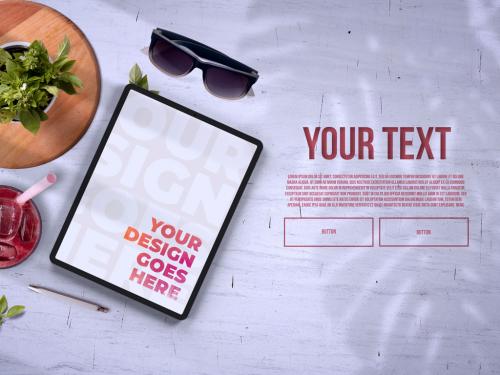 Adobe Stock - Tablet and Organic Juice on Light Background Top View Mockup - 398560468