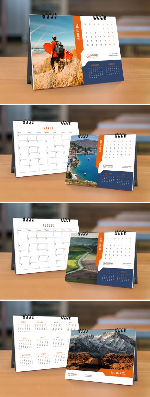 Adobe Stock - 2021 Desk Calendar Planner Layout with Orange and Blue Accents - 399838747