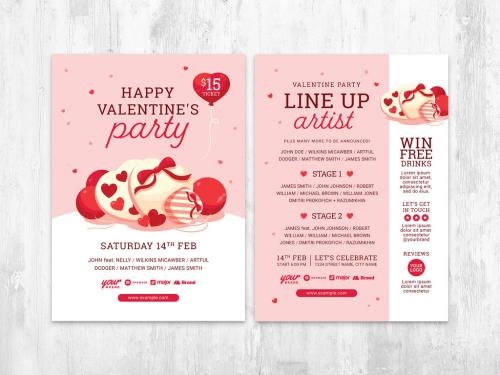 Adobe Stock - Happy Valentine's Party Flyer Layout with Pink Candy Gift and Balloon Illustration - 403083507