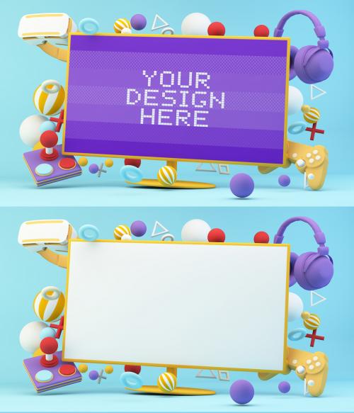 Adobe Stock - Computer Screen Mock Up with Videogames Equipment Floating Coloreful - 405575389