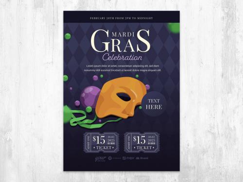 Adobe Stock - Mardi Gras Carnival Flyer Poster Purple with Mask, Ribbon, and Pearl - 409066166