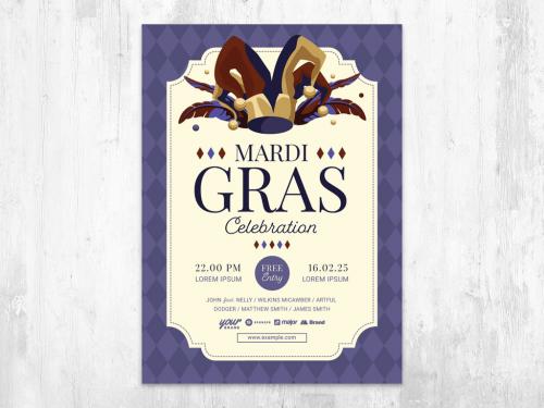 Adobe Stock - Mardi Gras Carnival Celebration Flyer Poster Purple with Jester Hat and Feathers - 409066175
