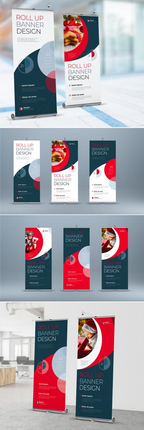 Adobe Stock - Business Roll Up Banner Layout with Red Circle Elements - 409082286