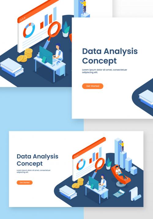 Adobe Stock - Data Analysis Concept Based Landing Page with Isometric View of Analysts Maintain the Data, Infographic Website and Workplace - 409293060