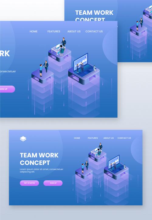 Adobe Stock - Teamwork Concept Based Landing Page with Business People Working Different Platform in Level Position - 410487406