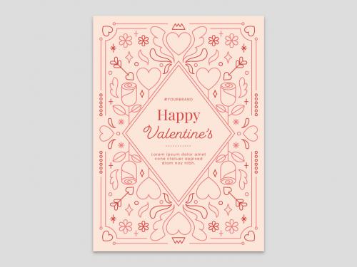 Adobe Stock - Peach Valentine's Day Card Flyer with Crown Heart Flower Rose and Cupid Arrow - 411030439