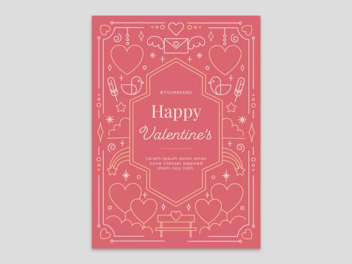 Adobe Stock - Pink Valentine's Day Card Flyer with Envelope Feather Shooting Star Bench Chair and Birds - 411030469