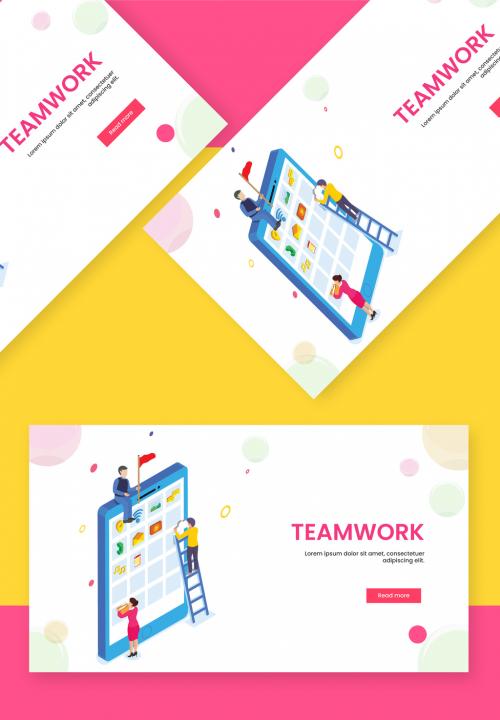 Adobe Stock - Isometric View of Business People Maintain Mobile Data Together for Teamwork Concept Based Landing Page. - 411040584