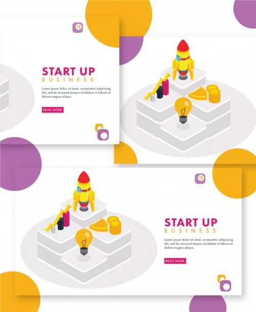 Adobe Stock - Start Up Business Concept Based Landing Page with Isometric Rocket, Light Bulb, Coins and Growing Graph in Level Position. - 411040616