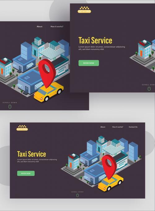 Adobe Stock - Taxi Service Concept Based Landing Page with Isometric City View and Location Tracking of Taxi on Purple Taupe Background. - 411040622