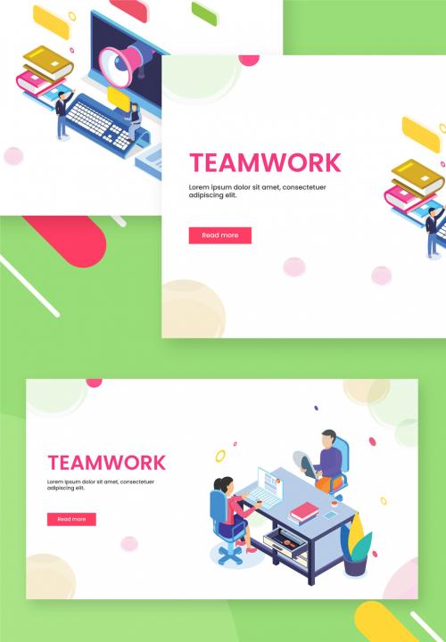 Adobe Stock - Teamwork Concept Based Landing Page with Online Advertising from Desktop and Business People Working Together. - 411040650