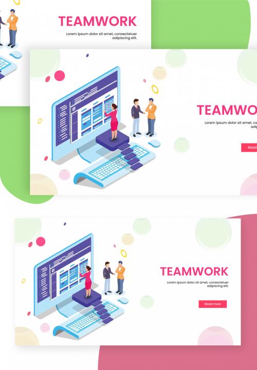 Adobe Stock - Teamwork Concept Based Landing Page with Business Woman Maintain Website in Desktop and Men Discussing - 411040659