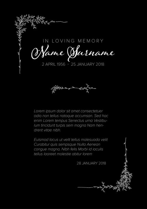 Adobe Stock - Black Funeral Condolence Card Layout with Floral Elements - 412671142