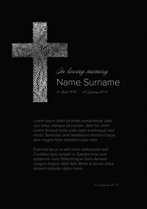 Adobe Stock - Black Funeral Condolence Card Layout with Floral Cross - 412671146