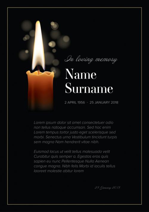 Adobe Stock - Black Funeral Notice Condolence Card Layout with Candle - 415234834