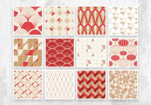 Adobe Stock - Seamless Red and Gold Art Deco Chinoiserie Pattern with Geometric Shapes - 419709821