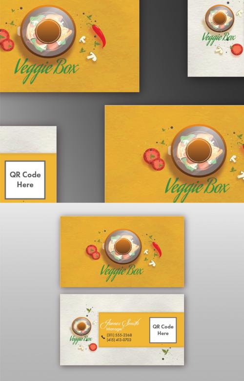 Adobe Stock - Front and Back View of Business Cards with Crockpot or Veggie Box. - 419946548
