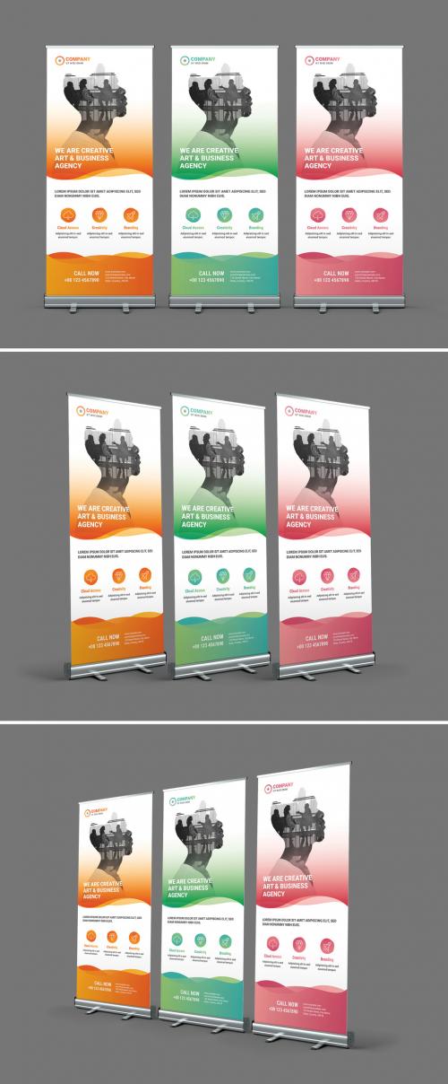 Adobe Stock - Rollup Banner Layout with Orange, Green and Pink Accents - 424038750