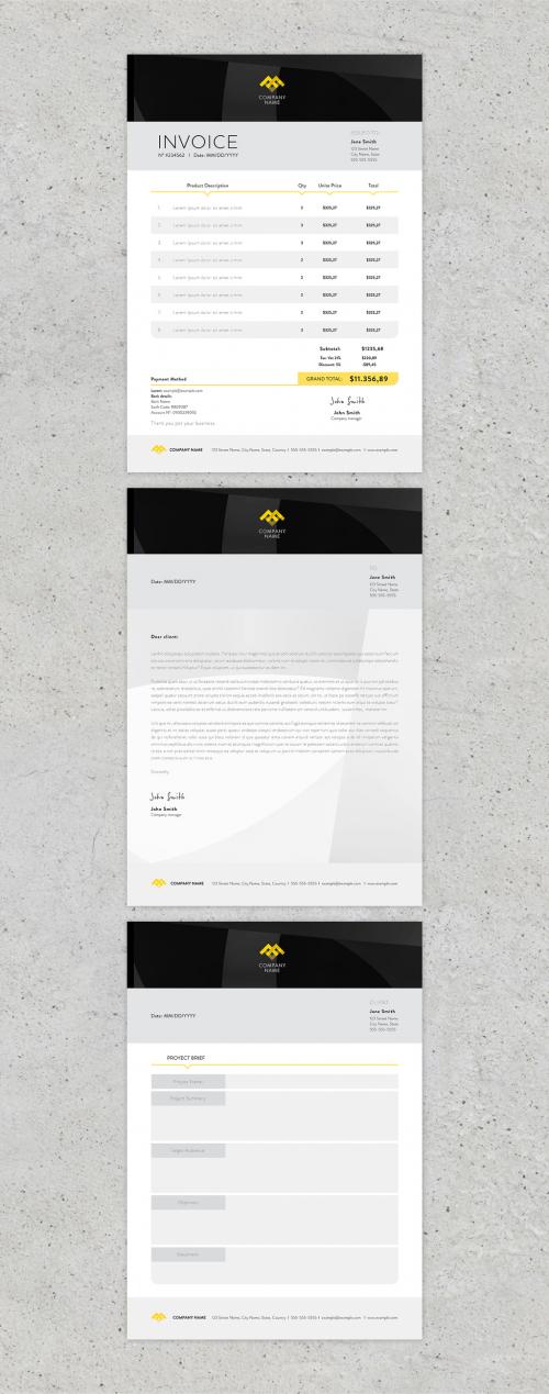 Adobe Stock - Black and Yellow Simple Invoice, Letter and Proyect Brief - 425612716