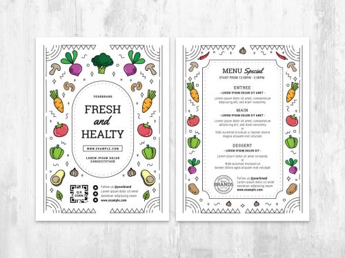 Adobe Stock - Vegan Menu for Vegetarian Restaurant with Fruit and Vegetable Illustrations - 427483733