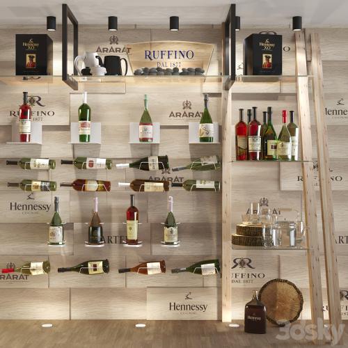 Showcase in a restaurant with collection wine. Red wine