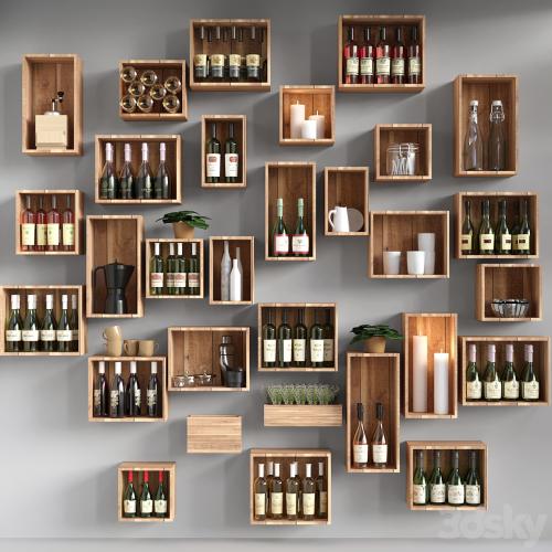 Shelves with collectible wine and candles. Alcohol