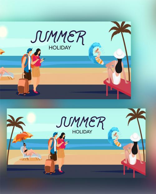 Adobe Stock - Summer Holiday Concept with Character of Swimmer, Surfer and Tourist on Sun Beach View Background - 431750518