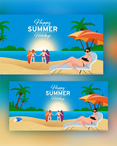 Adobe Stock - Beautiful Sun Beach Background with Swimmer and Surfer Character for Happy Summer Holiday - 431750519