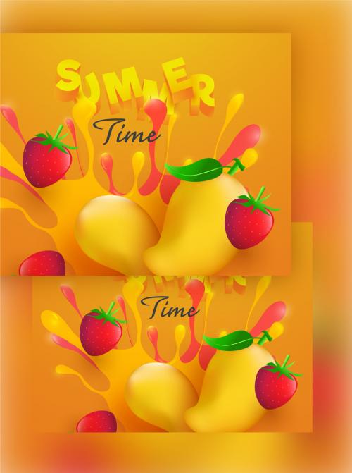 Adobe Stock - 3D Summer Text with Realistic Mangoes, Strawberries and Splash Effect on Dark Yellow Background - 431750579
