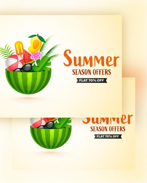 Adobe Stock - Flat 70% Off for Summer Season Offers with Realistic Beach Elements on Half Watermelon - 431750596