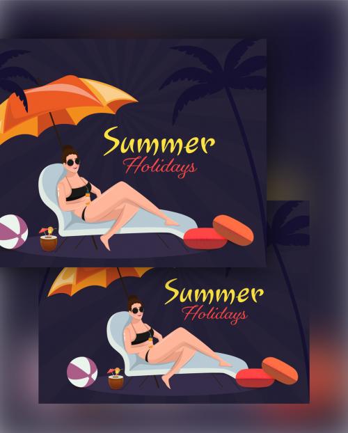 Adobe Stock - Modern Swimmer Girl Relaxing at Sun Lounger with Umbrella and Beach Elements for Summer Holidays - 431750629
