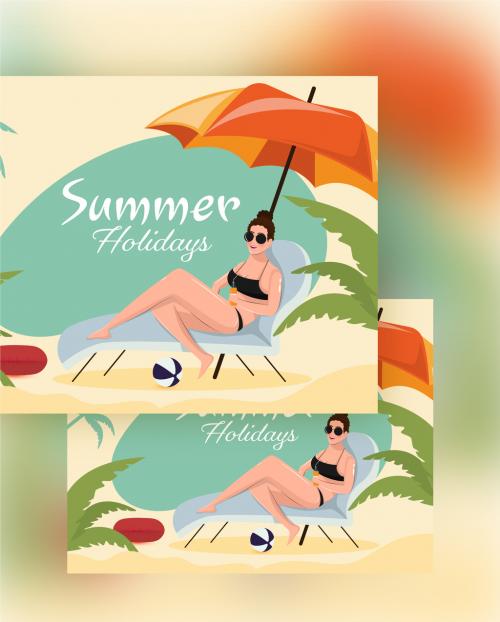 Adobe Stock - Summer Holidays Font with Swimmer Woman Relaxing at Beach Lounger on Yellow Background - 431750665