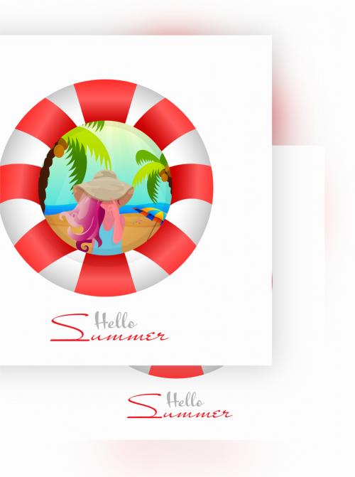 Adobe Stock - Hello Summer Concept with Swimming Ring and Young Girl Character on Beach View - 431750722