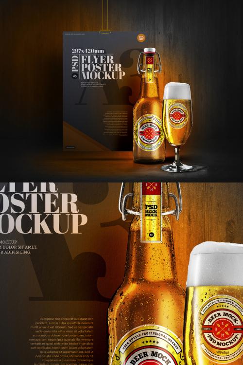 Adobe Stock - Cold Beer Bottle Mockup - Brown, Long Neck, 12Oz, 33Cl, A3, Poster, Dark Scene - 434166869