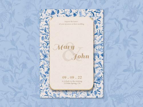 Adobe Stock - Wedding Invitation Card Template with Blue Watercolor Flowers Design - 434798815