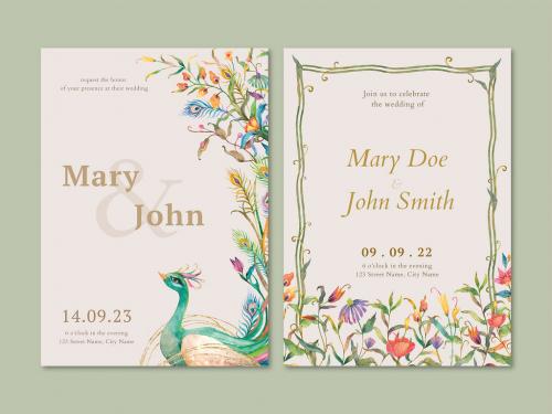 Adobe Stock - Editable Watercolor Peacocks and Flowers Invitation Card Layout - 435683471