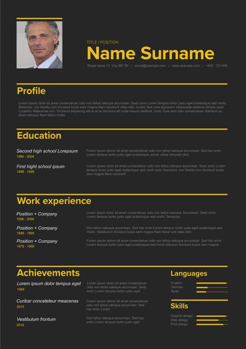 Adobe Stock - Minimalist Dark Resume CV Layout with Photo and Yellow Accent - 442423052