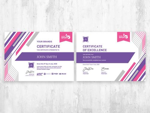 Adobe Stock - Modern Certificate in Sport theme with Purple and Pink Graphics in Landscape A4 Layout - 442941292