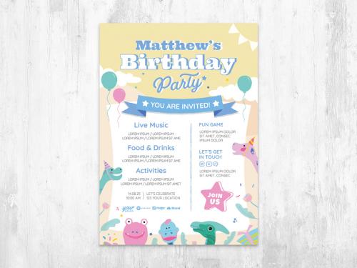 Adobe Stock - Children's Birthday Party Flyer Invite with Cartoon Dinosaur Illustrations - 447925453