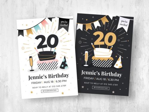 Adobe Stock - Illustrated Birthday Party Flyer Card with Cake and Champagne Illustrations - 447925470