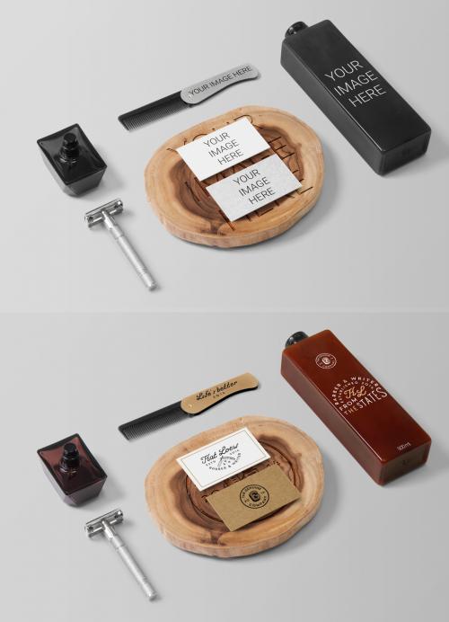 Adobe Stock - Business Cards with Rectangle Bottle and Comb Mockup - 450526617