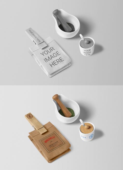 Adobe Stock - Paper Bag with Clip and Spices Bowl Mockup - 450526622