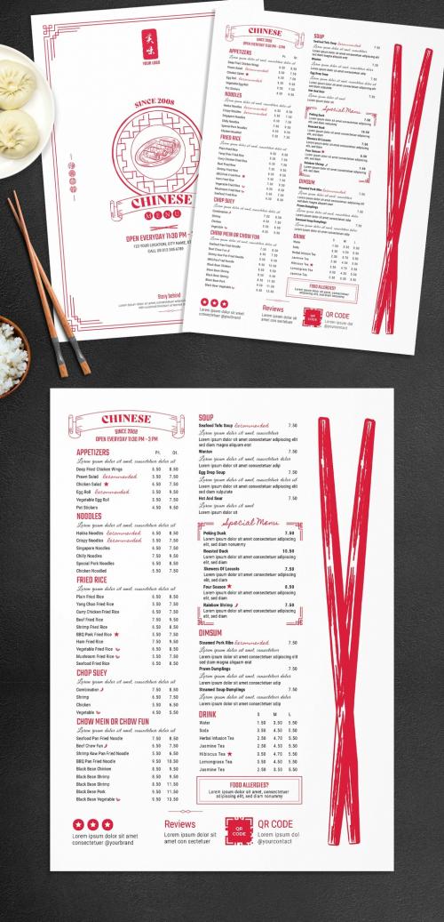 Adobe Stock - Chinese Restaurant Food Menu Layout with Chopsticks Illustration - 452579473