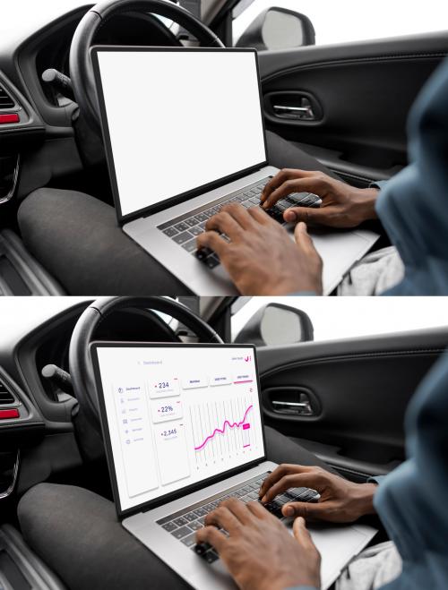 Adobe Stock - Mockup of Businessman Using Notebook Computer in a Car - 456812662