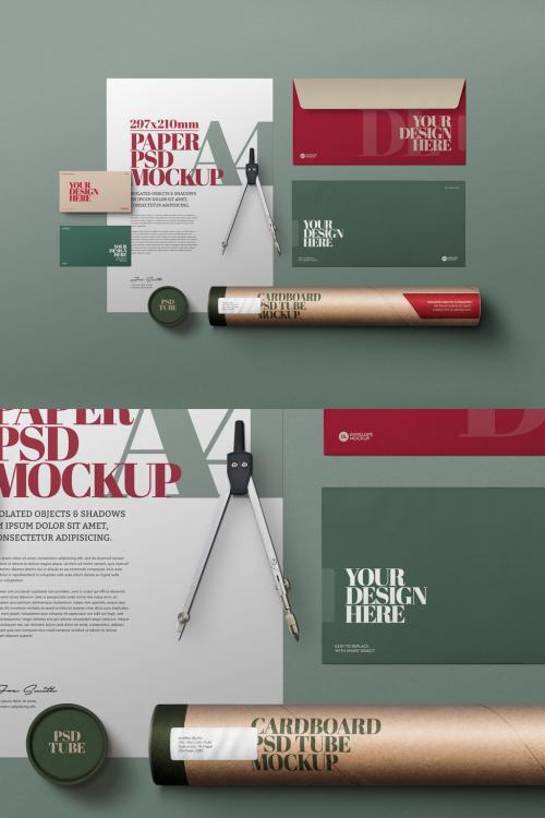 Adobe Stock - Stationery Mockup with A4 Dl Envelope and Cardboard Tube - 461121945