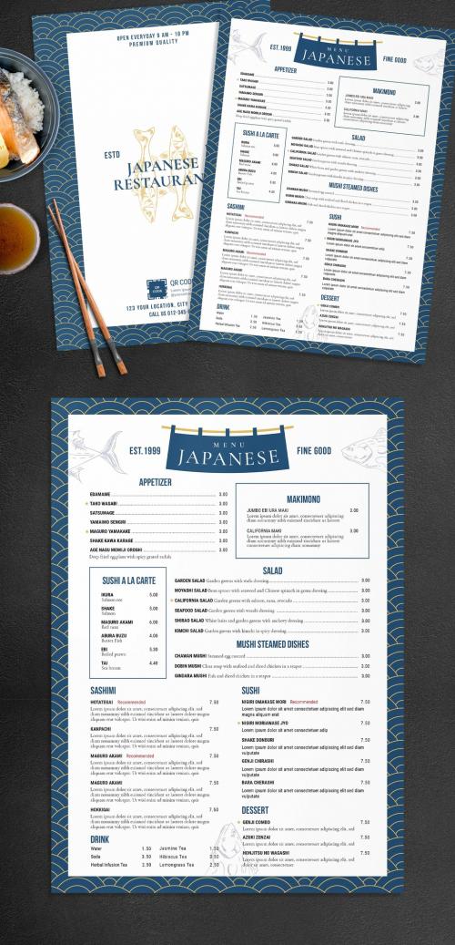 Adobe Stock - Japanese Sushi Restaurant Menu Layout with Blue Wave Pattern - 461123914