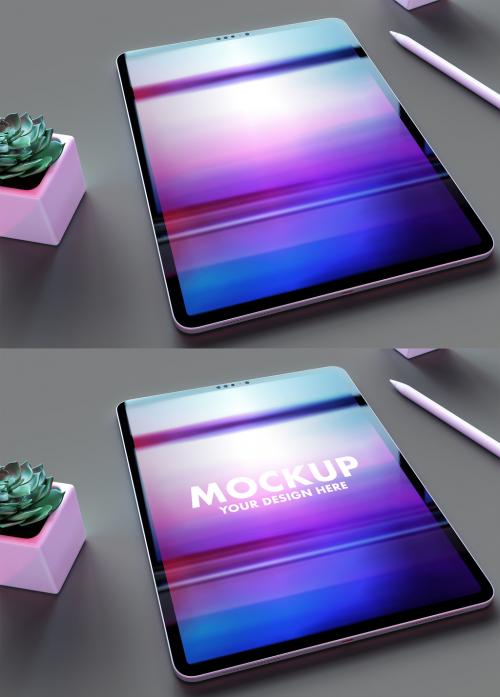Adobe Stock - My Pad Pro Tablet Mockup on a Clean Grey Desk and Trendy Succulents Flowers - 461126181