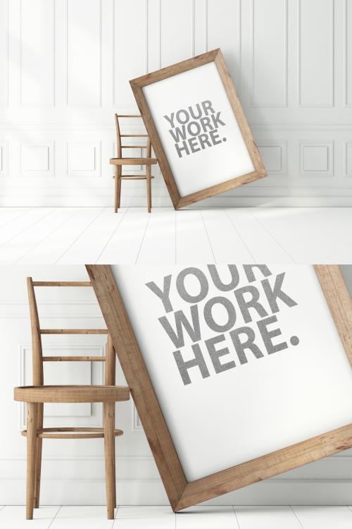 Adobe Stock - Vertical Wooden Frame Mockup Standing Near Chair - 461341791