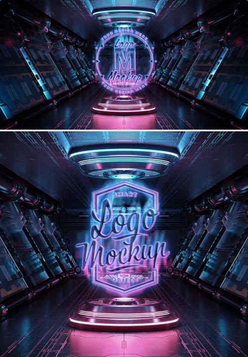 Adobe Stock - Glowing Neon Logo Mockup with Hologram Effect - 461350590